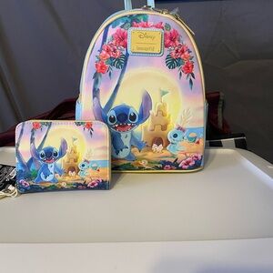 Loungefly Disney Stitch Beach Scene Kids Backpack and Wallet Set - Blue and Pink